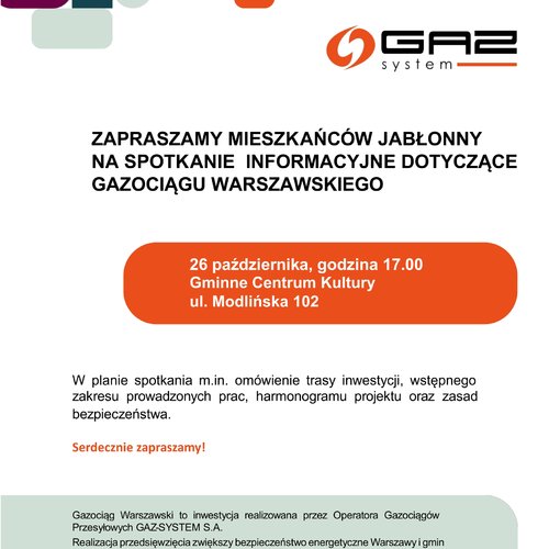 Obraz główny wydarzenia o tytule Spotkanie informacyjne dotyczące gazociągu warszawskiego 