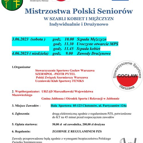Obraz główny wydarzenia o tytule Mistrzostwa Polski Seniorów W SZABLI KOBIET I MĘŻCZYZN Indywidualnie i Drużynowo 