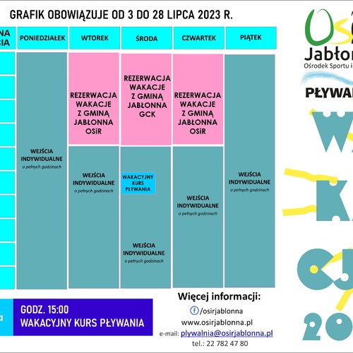 Obraz główny aktualności o tytule Pływalnia OSiR- wakacyjny grafik 