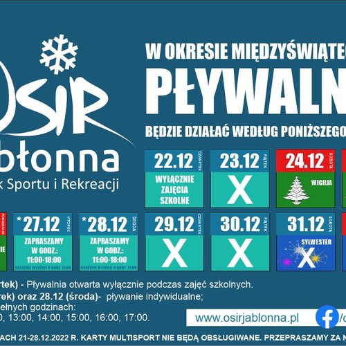Obraz główny aktualności o tytule Kiedy na Pływalnię? W okresie świątecznym Pływalnia działa według specjalnego grafiku 